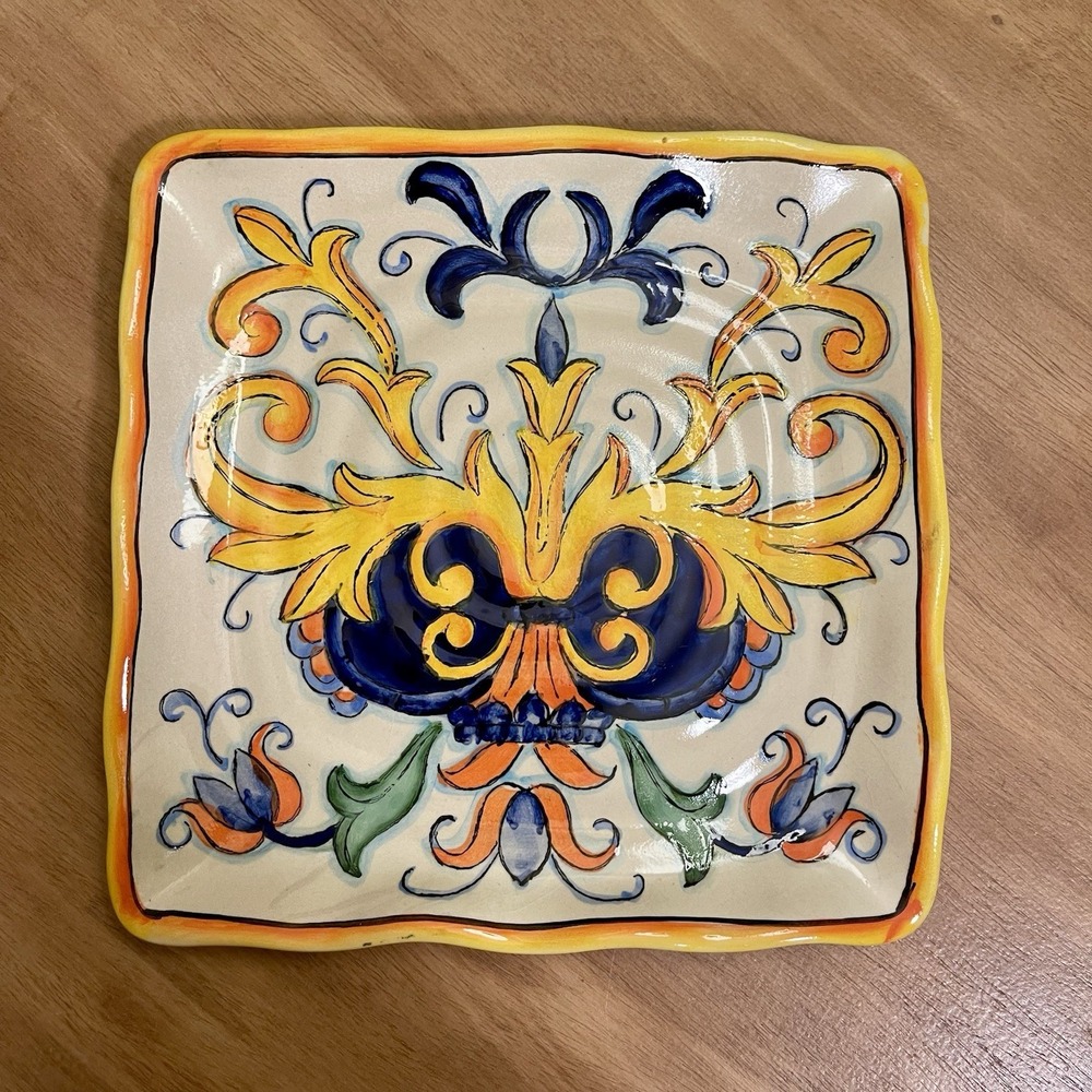 Vintage Handpainted Floral Alhambra Plate Platter Vibrant Yellow Blue 9x9 Inch